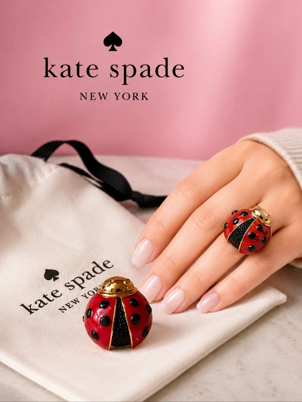 Kate Spade Black Pave Crystal Lady Bug Ring SIZE 7 - NEW
